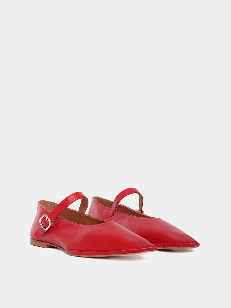 Red mary-jane flats with a square toe