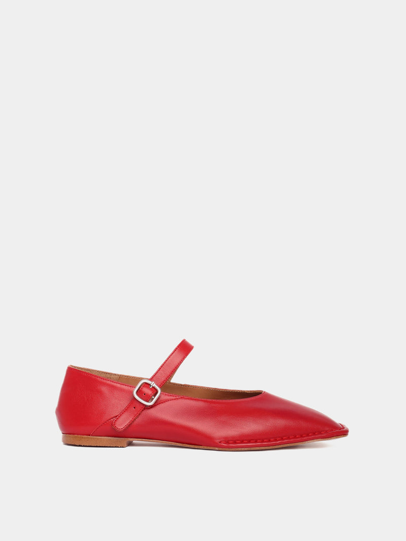 Red mary-jane flat with a square toe