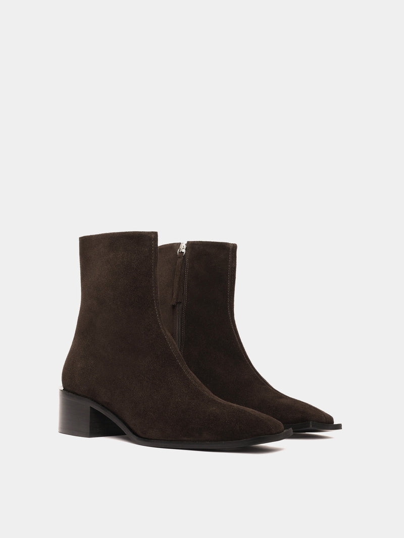 Brown suede ankle boots with a block heel