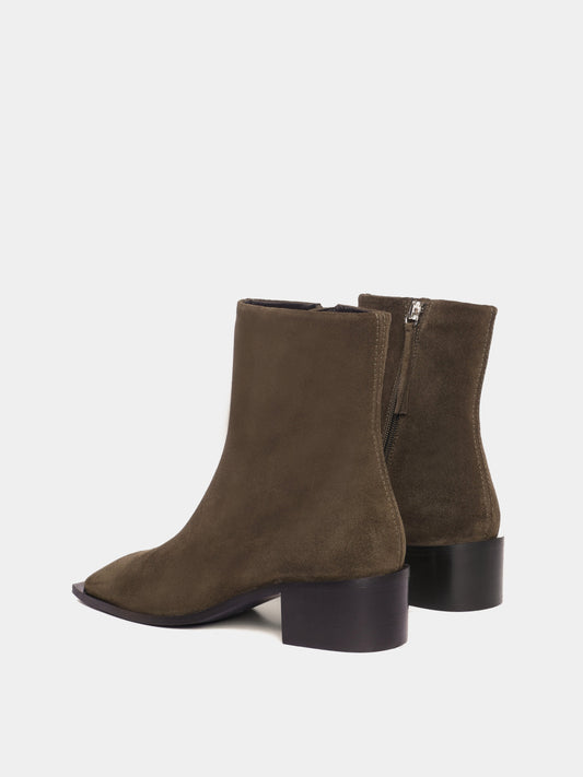Olive suede ankle boots with a block heel