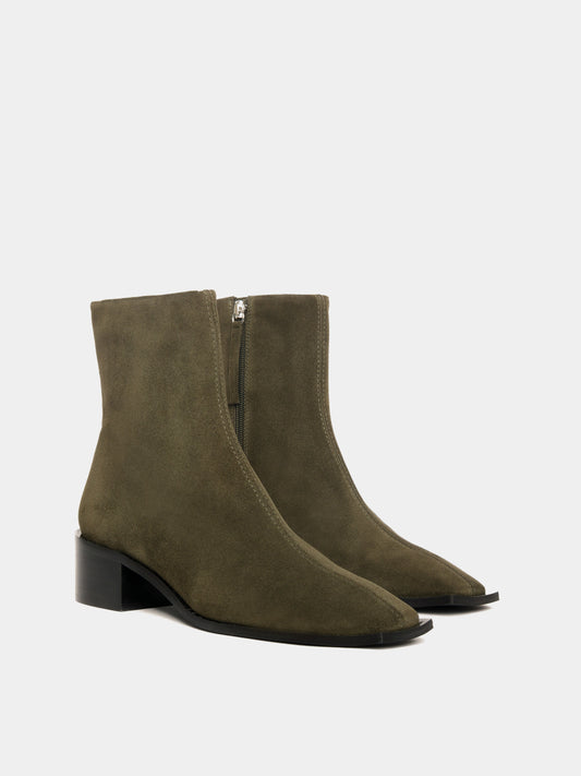 Olive suede ankle boots with a block heel