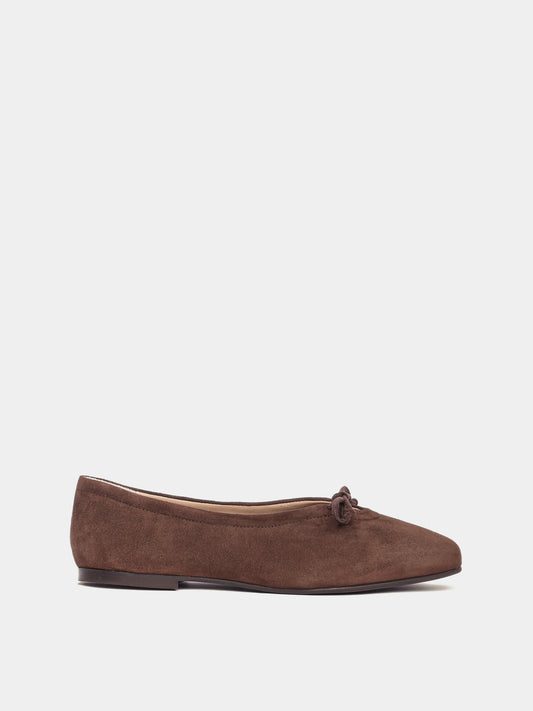 Brown suede leather ballerina flat with a brown bow