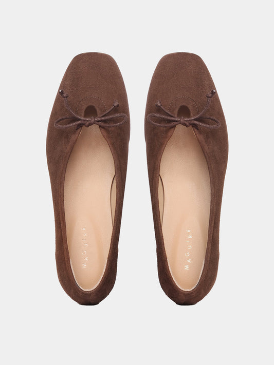 Brown suede leather ballerina flats with a brown bow