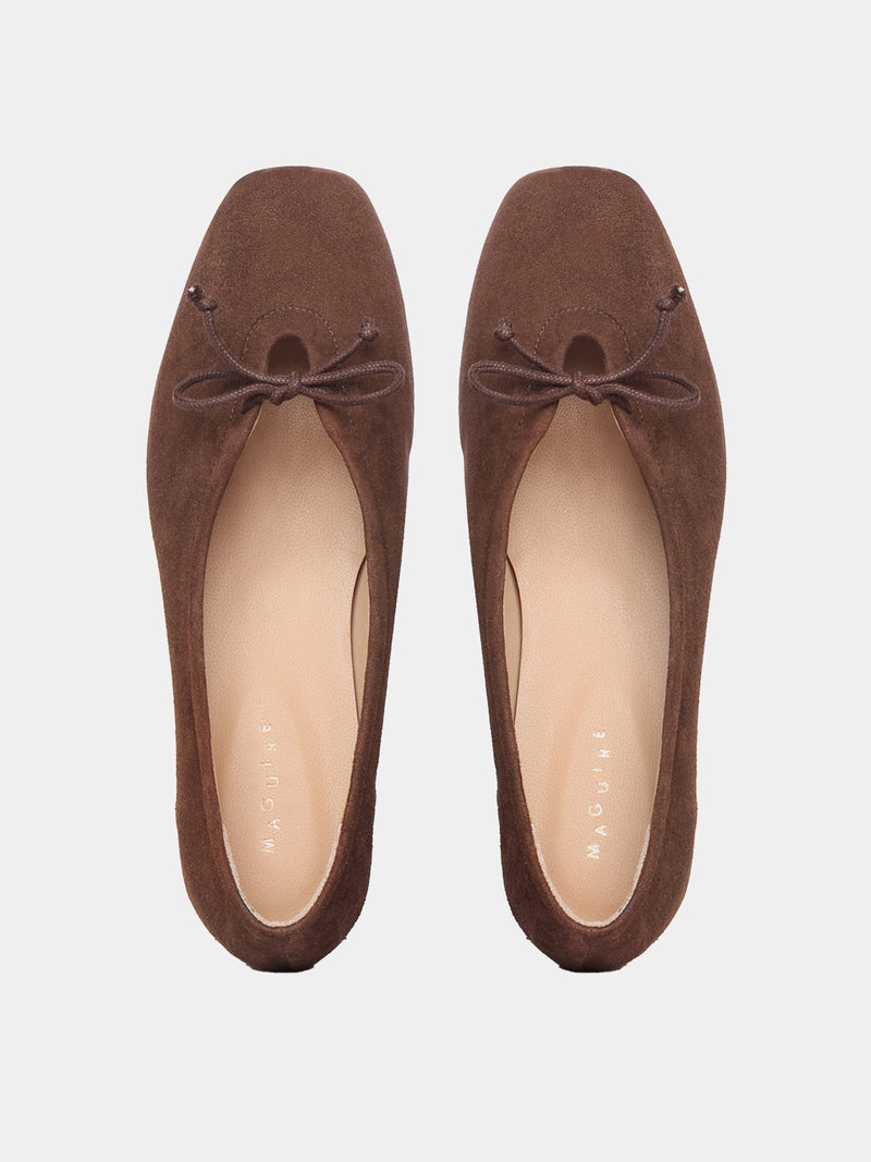Brown suede leather ballerina flats with a brown bow