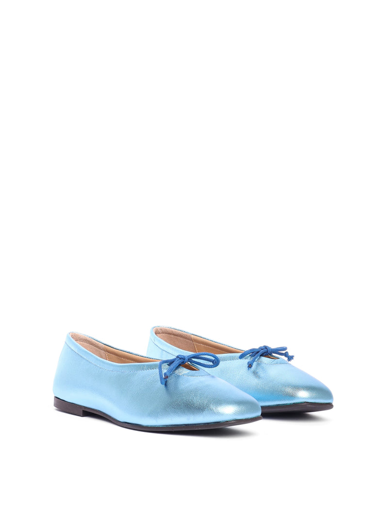 Ice blue metallic leather ballerina flats with a blue bow