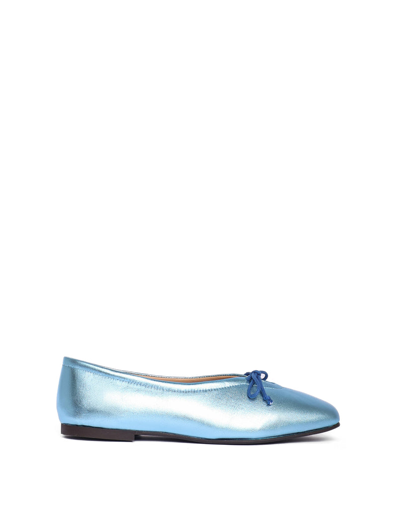 Ice blue metallic leather ballerina flat with a blue bow