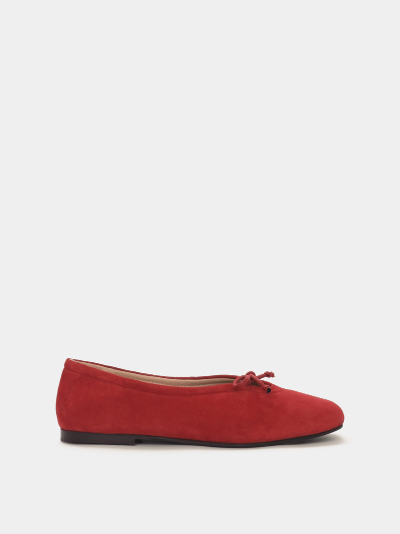 Red suede leather ballerina flat with a red bow