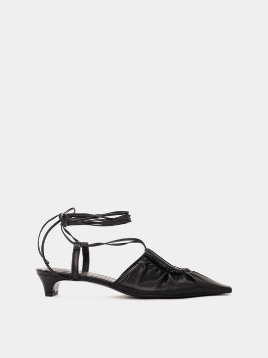Black leather low-heeled mule with leather laces