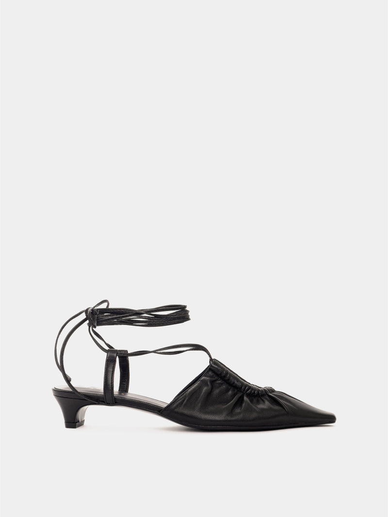 Black leather low-heeled mule with leather laces