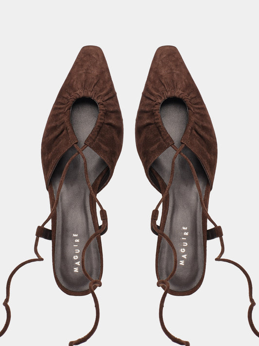 Brown suede leather low-heeled mules with leather laces