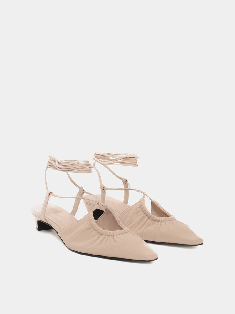 Cream leather low-heeled mules with leather laces
