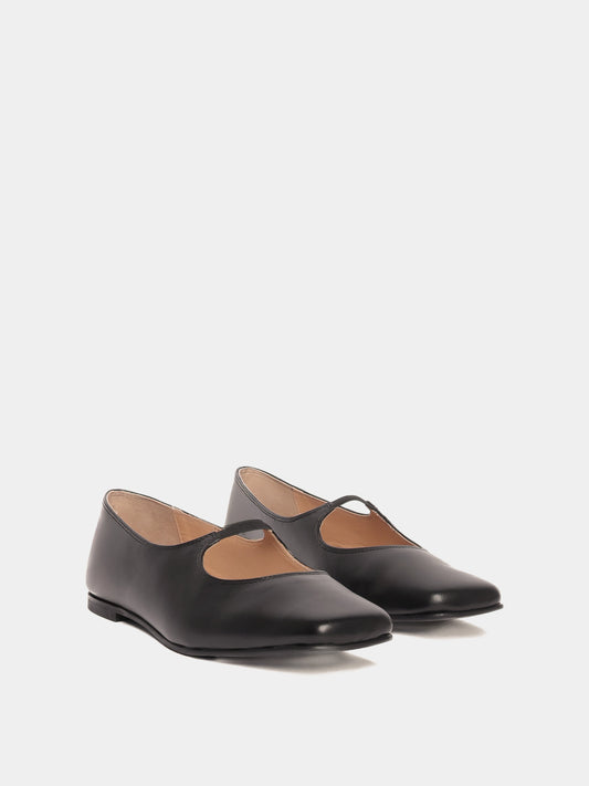 Black mary-jane leather flats with a square-toe