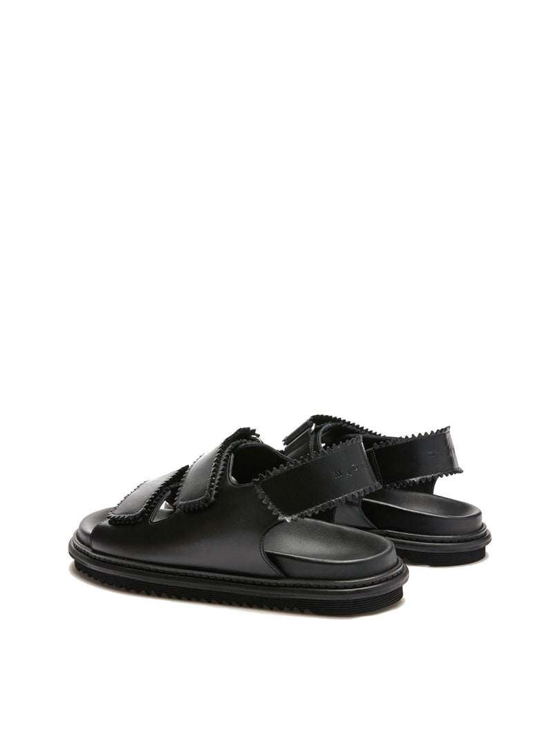Tavira black leather sandal with two adjustable front straps and one back strap, back view.