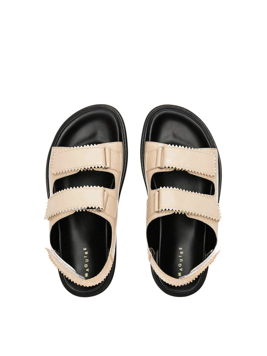 Tavira buttermilk leather sandal with two adjustable front straps and one back strap, top view.