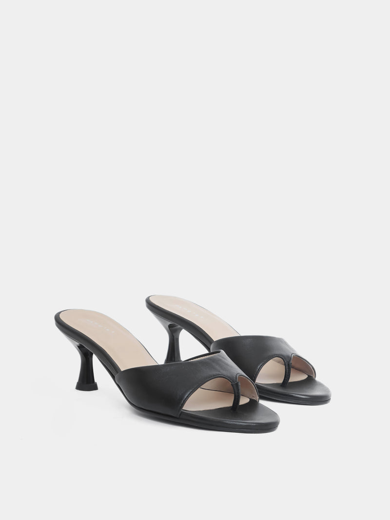 Front view of black open toe heeled sandal on white background