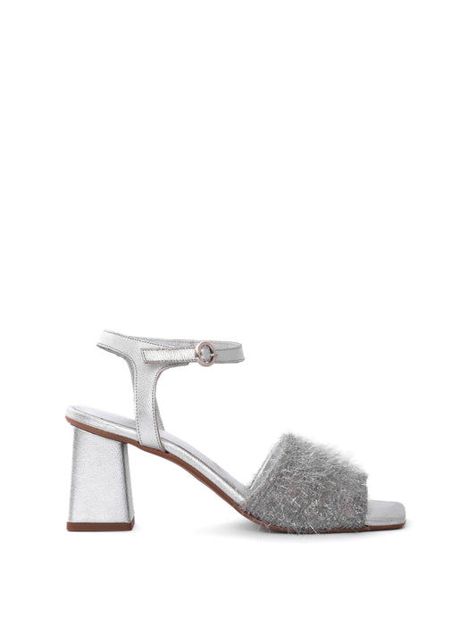 Metallic silver leather high heel with an ankle strap and a fuzzy band