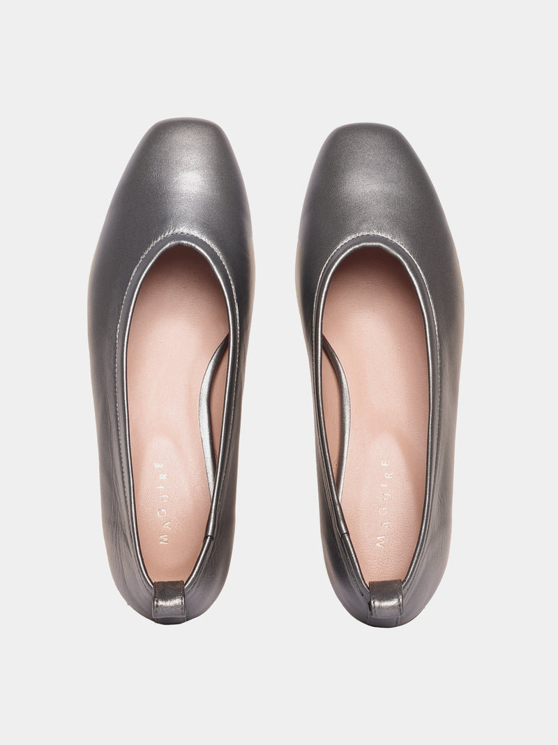 Heeled metallic grey ballet flat with back tap, ecom top view