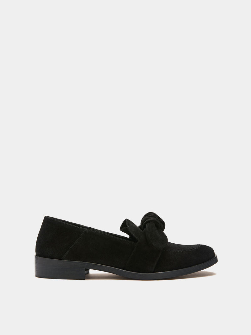 Black suede loafer with removable bow on upper