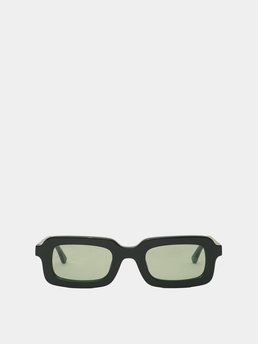 Rectangle shaped sunglasses in a dark green plastic colour.