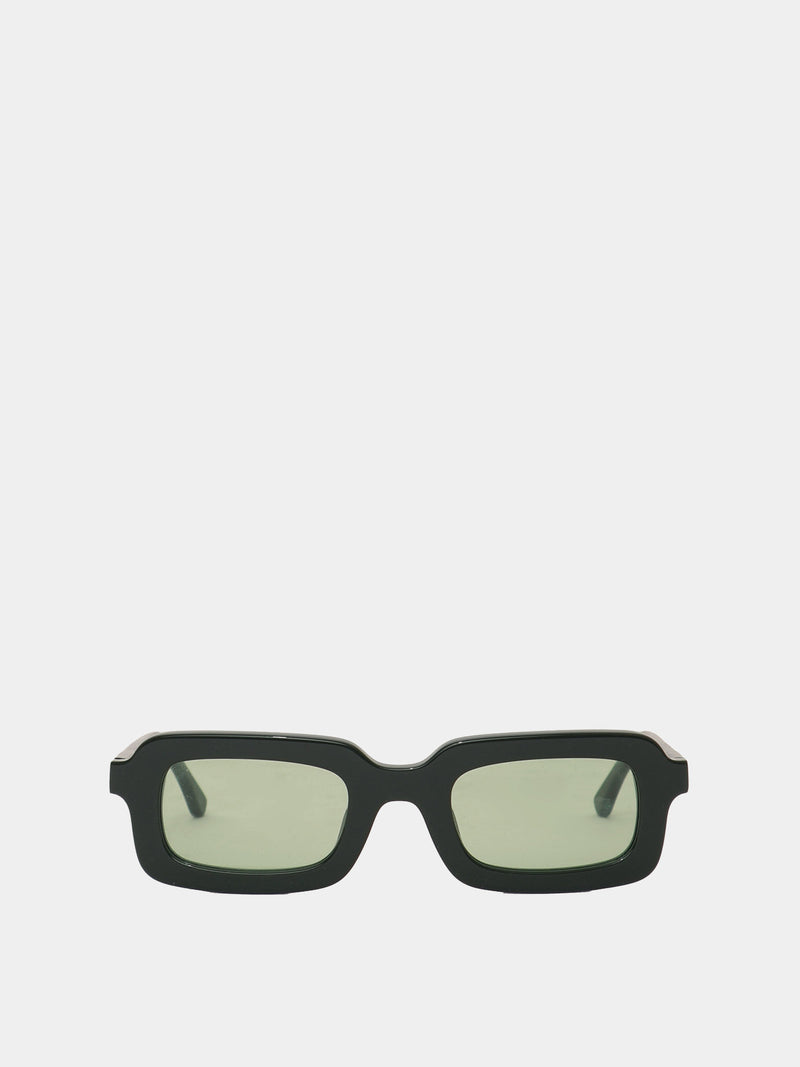 Rectangle shaped sunglasses in a dark green plastic colour.