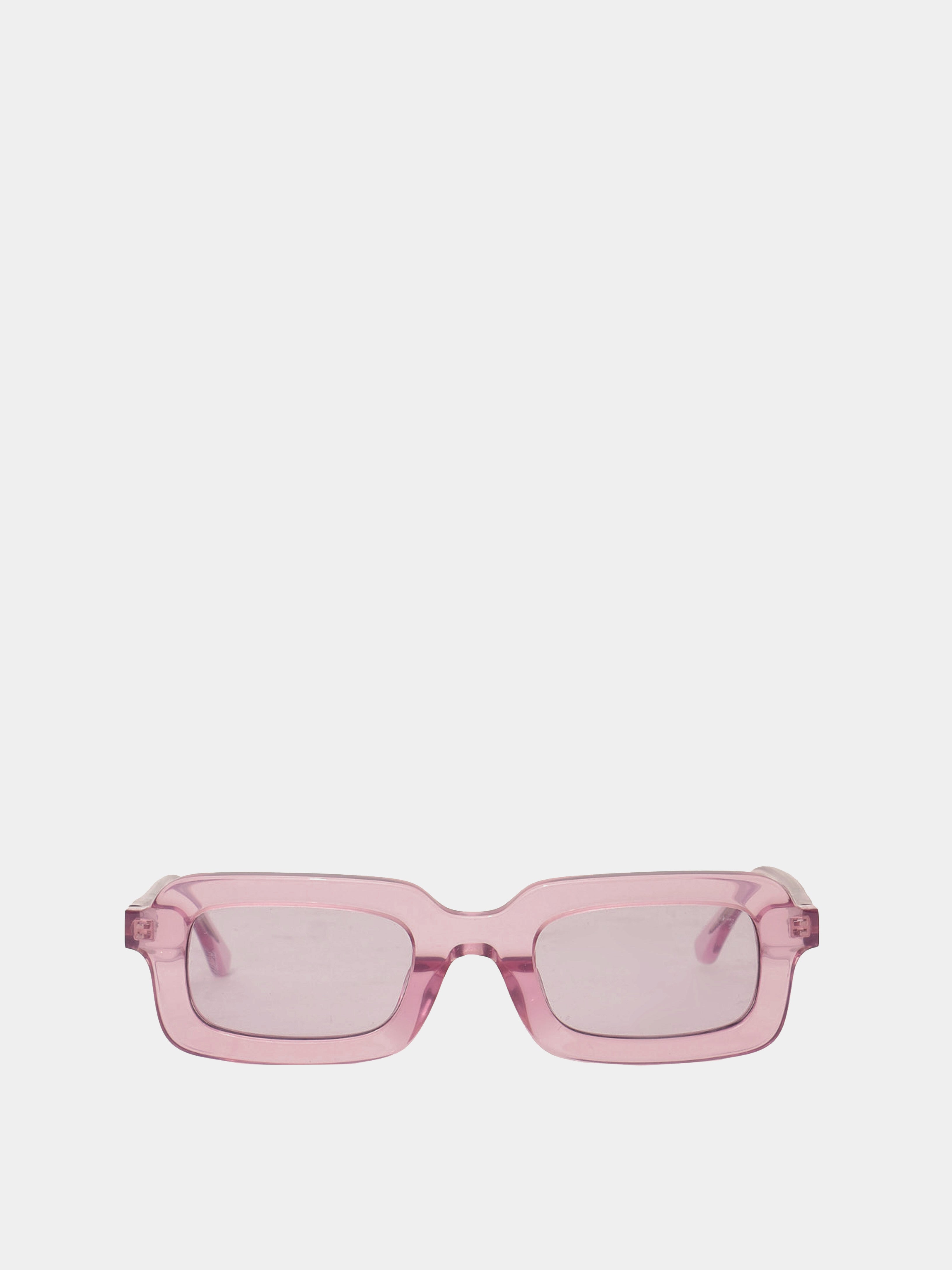 Rectangle shaped sunglasses in a light purple translucent plastic colour.