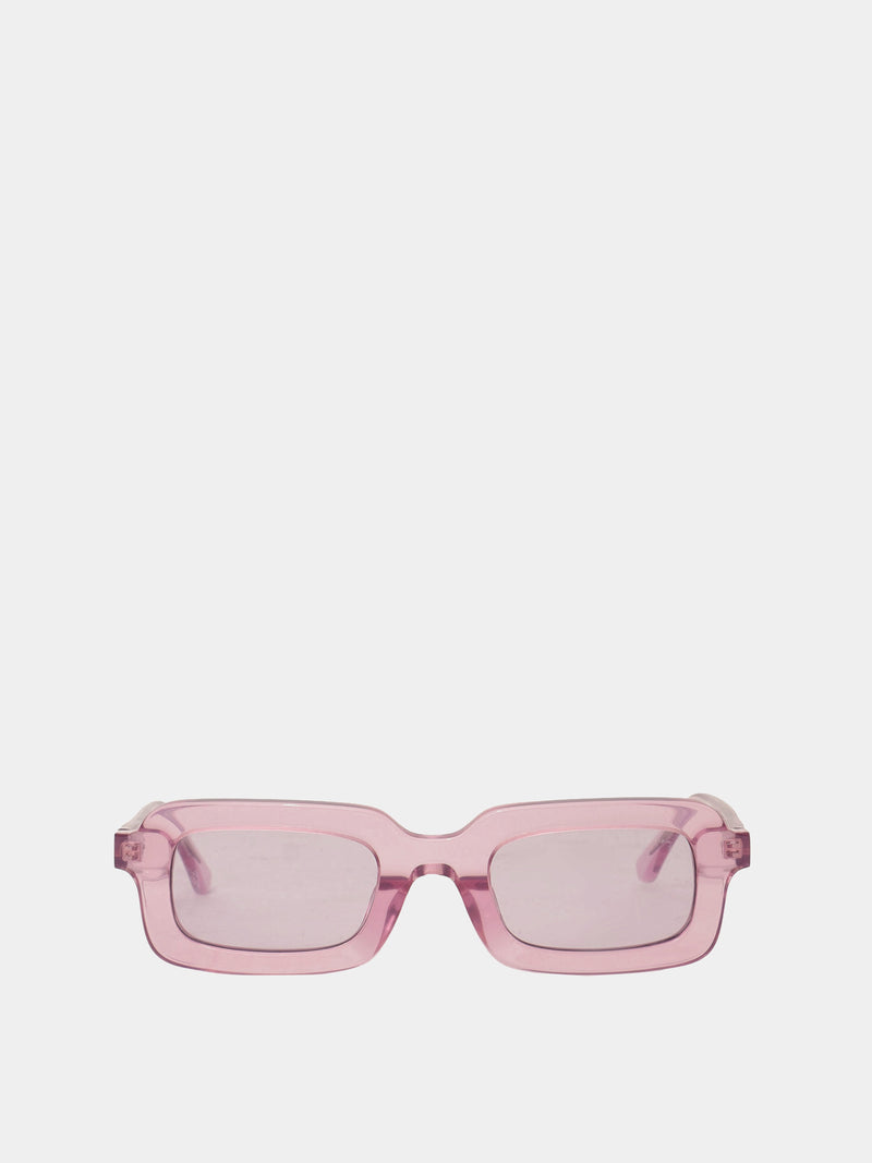 Rectangle shaped sunglasses in a light purple translucent plastic colour.
