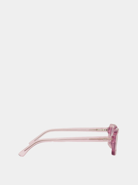 Rectangle shaped sunglasses in a light purple translucent plastic colour.