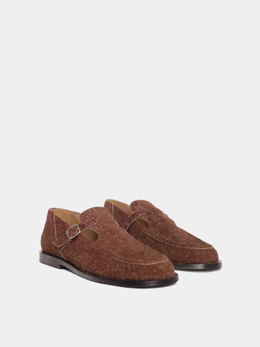 Flat mary-jane brushed suede shoe in a brown colour