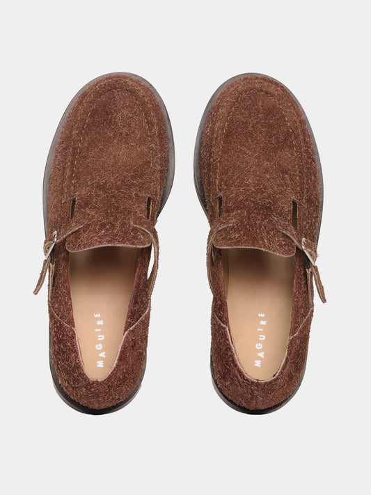 Flat mary-jane brushed suede shoe in a brown colour