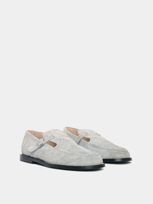 Flat mary-jane brushed suede shoe in a grey colour