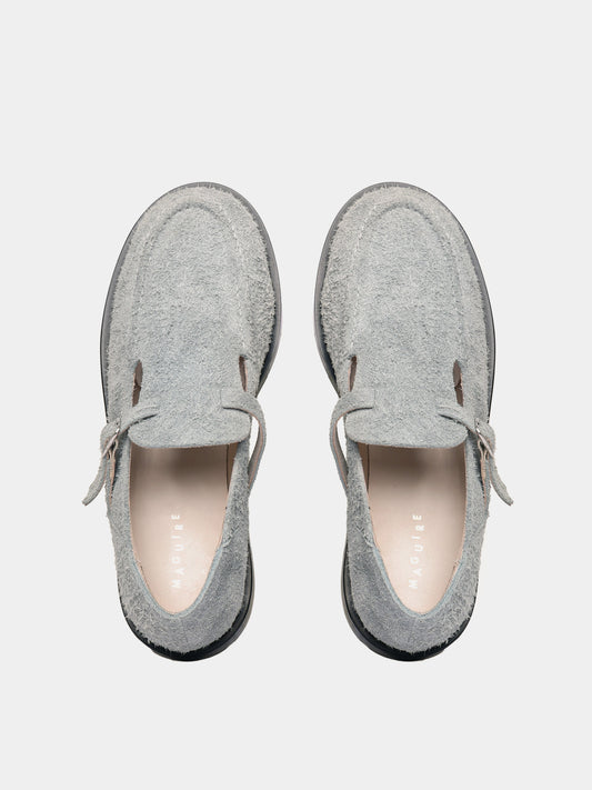Flat mary-jane brushed suede shoe in a grey colour