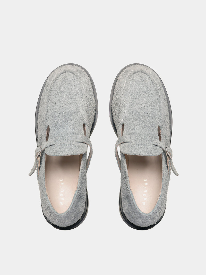 Flat mary-jane brushed suede shoe in a grey colour
