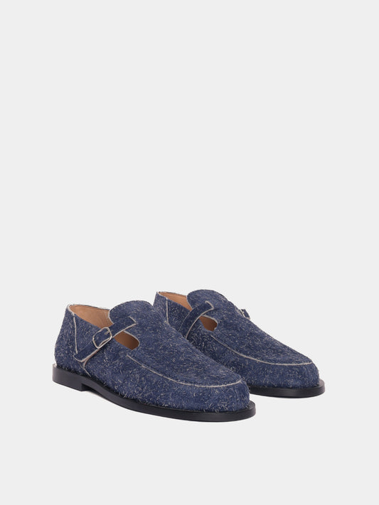 Flat mary-jane brushed suede shoe in a navy colour