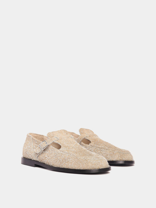 Flat mary-jane brushed suede shoe in a sand colour