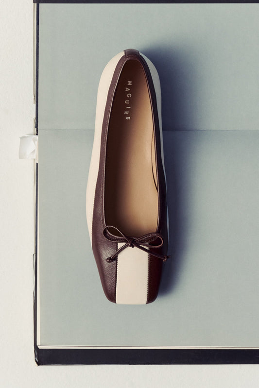 brown and white striped ballet flat with bow laying on open book