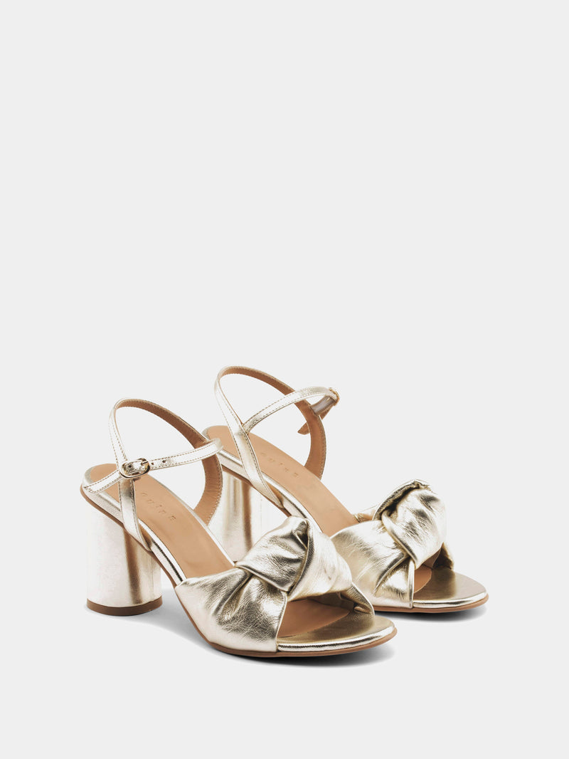Gold metallic ankle strap heel with knotted upper